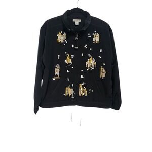 Y2k Vintage Mureli Women's Black Embellished Cityscape‎ Zip Up Jacket PM